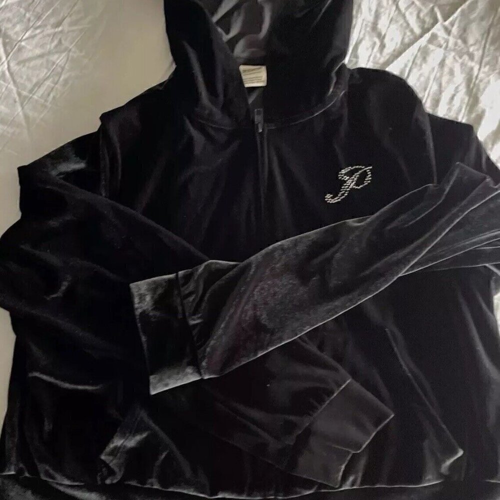 Victoria's Secret Velour Hoodie Sweatshirt Size XL Black Full Zip Rhinestone